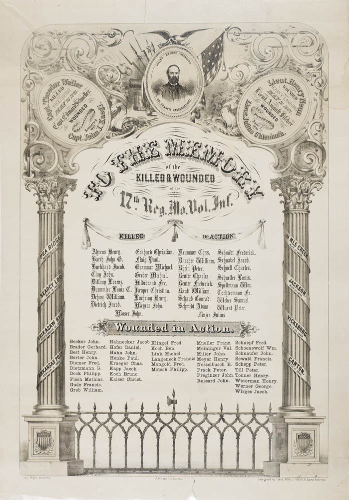 A wartime broadside dedicated “To the Memory of the Killed & Wounded of the 17th Regiment Missouri Volunteer Infantry.”