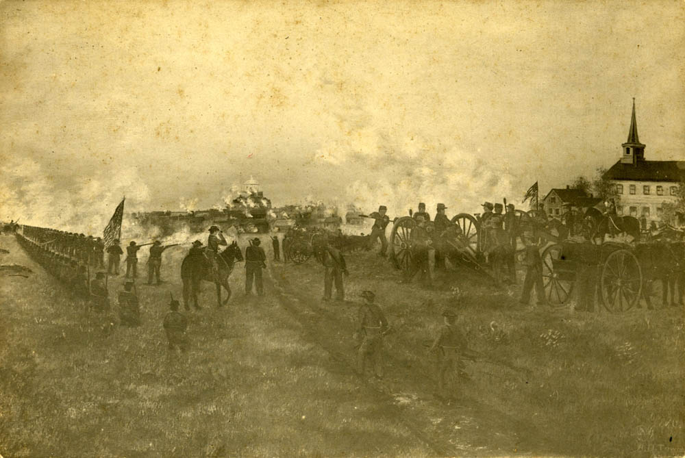 Painting of the Battle of Kirksville, Mo. with perspective of the rear of the Union line.