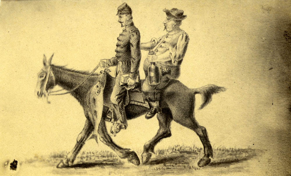 Cartoon of two foraging Union soldiers on a mule.
