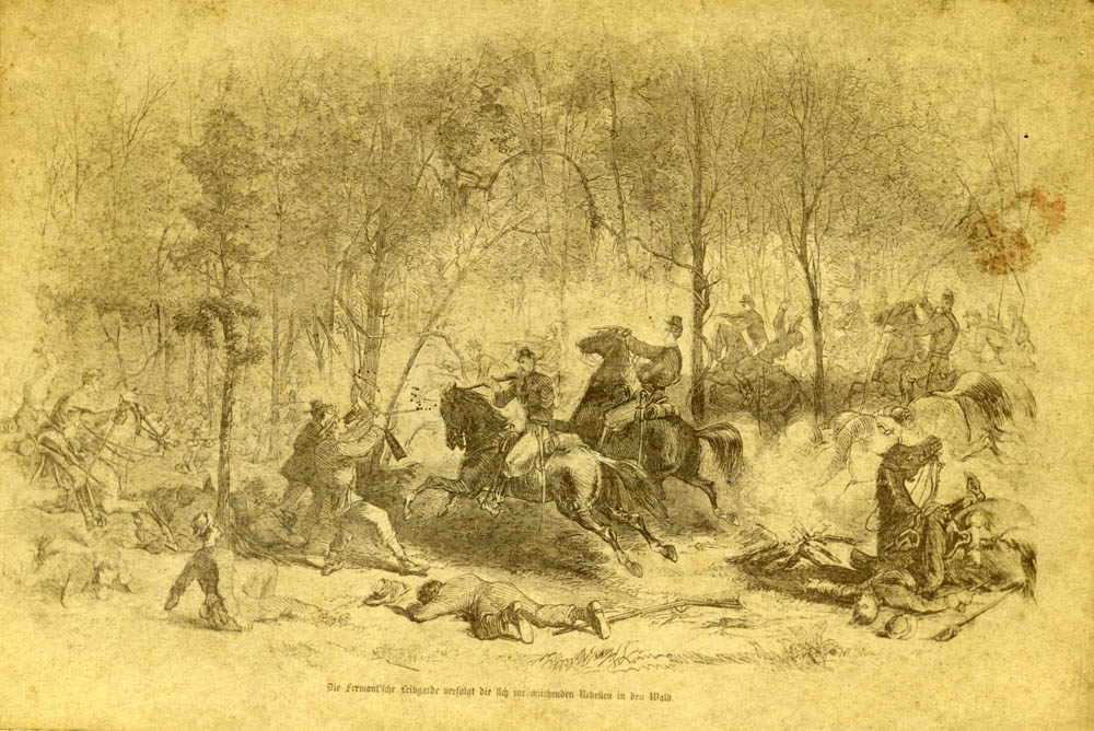 Drawing of soldiers on horseback charging through a wooded area.