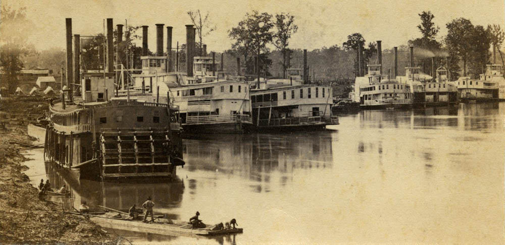 Photograph of steamboats at the landing in DeVall's Bluff, Arkansas.