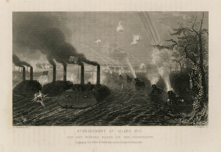 Drawing of Union gunboats and mortar boats bombarding Island No. 10 in the Mississippi River.