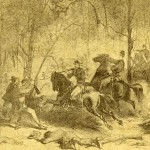 Drawing of soldiers on horseback charging through a wooded area.
