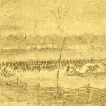Drawing of men on horseback charging across a field.  